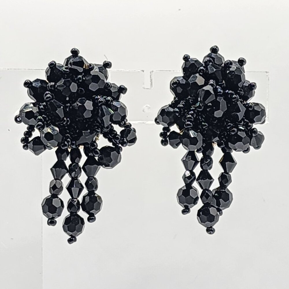 VTG LOIS ANN Black Faceted Cluster Clip-on Earrings Special Occasion